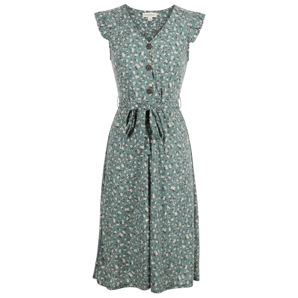 Monteau Los Angeles Womens Teal Floral Button Front Midi Dress Cap Sleeve Size L